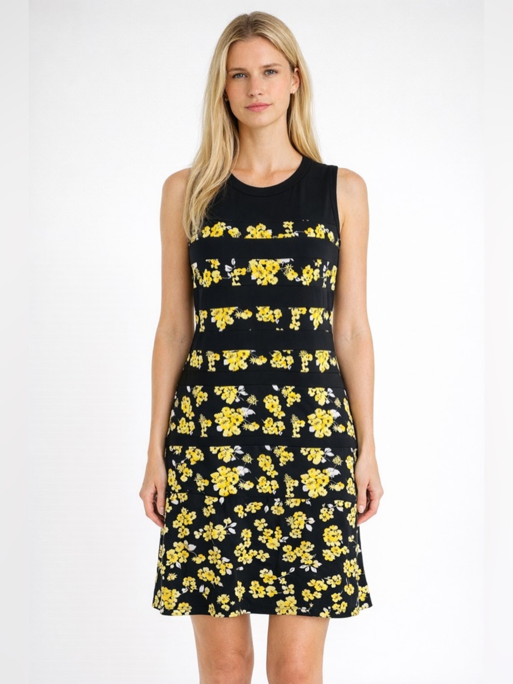 MICHAEL Michael Kors Yellow Floral & Black Stripe Sleeveless Knit Dress Size XL
